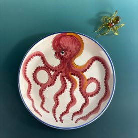 Kézzel festett, olasz népi-midcentury polipos nepi kerámia tál