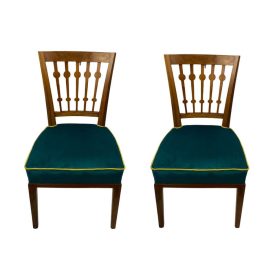 Art Deco solid wood turquoise velvet dining chairs pair