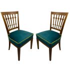 Art Deco solid wood turquoise velvet dining chairs pair