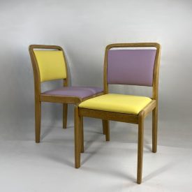 Mid-century Duo of Solid Wood Chairs in Pastel Purple-Yellow Vegan Leather. Urban Chic