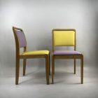 Mid-century Duo of Solid Wood Chairs in Pastel Purple-Yellow Vegan Leather. Urban Chic