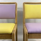Mid-century Duo of Solid Wood Chairs in Pastel Purple-Yellow Vegan Leather. Urban Chic