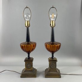   Pair of Leviton large American Empire style copper and glass table lamps