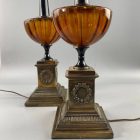 Pair of Leviton large American Empire style copper and glass table lamps