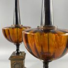 Pair of Leviton large American Empire style copper and glass table lamps