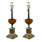Pair of Leviton large American Empire style copper and glass table lamps